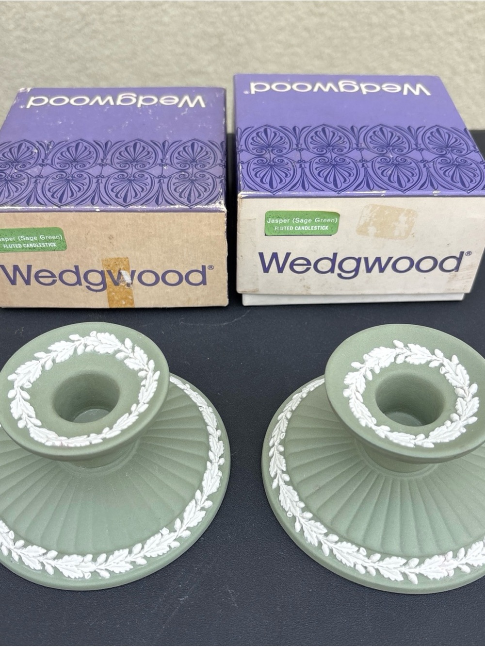 2 Vintage Wedgwood Sage Green Jasperware Candlestick Holders Made in England